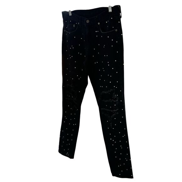 LF Carmar Women’s Bling Rhinestone Distressed Knee Black Skinny Denim Jeans 27 - Picture 2 of 6